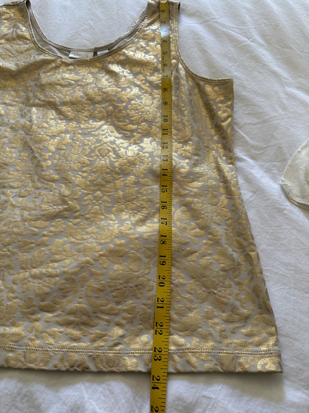 Chico's Gold Metallic Scroll Print Top on Cream, size medium (2) - Picture 7 of 9